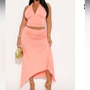 Elegant Peach Halter Skirt Set